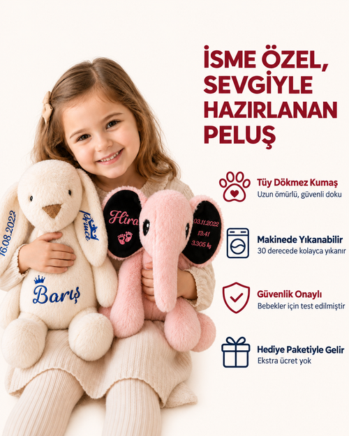 İsme Özel Peluş Tavşan | Doğum Bilgileri Baskılı Bebek Hediyesi | Uyku Arkadaşı